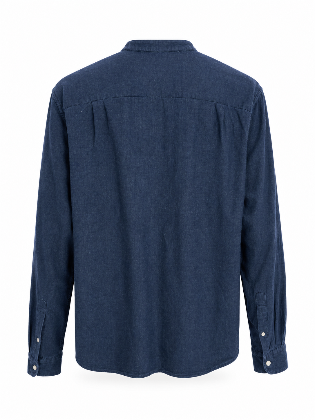 Back view of Indigo by Country Road men’s navy blue premium cotton shirt in 100% cotton with a minimalist design, long sleeves, and relaxed silhouette.