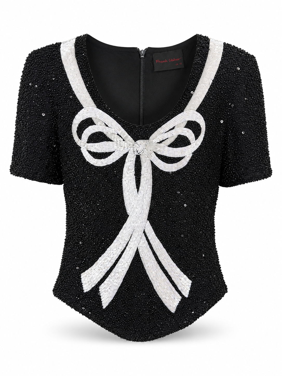 Frank Usher black silk top with beaded finish and white sequin bow