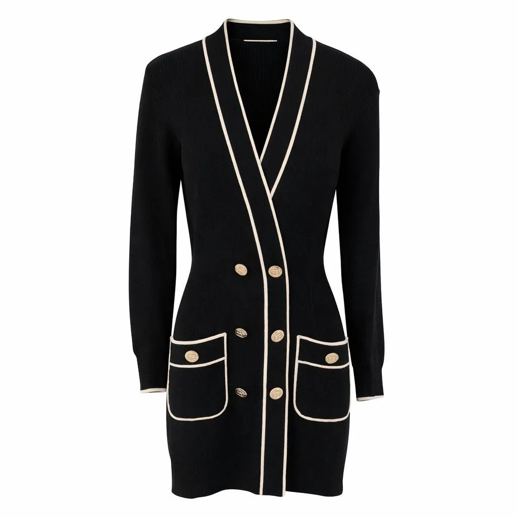 Elisabetta Franchi black knit blazer dress with contrasting ivory trim and gold-tone buttons, front view on white background – pre-loved luxury fashion curated by Norée Thrift de Lux.