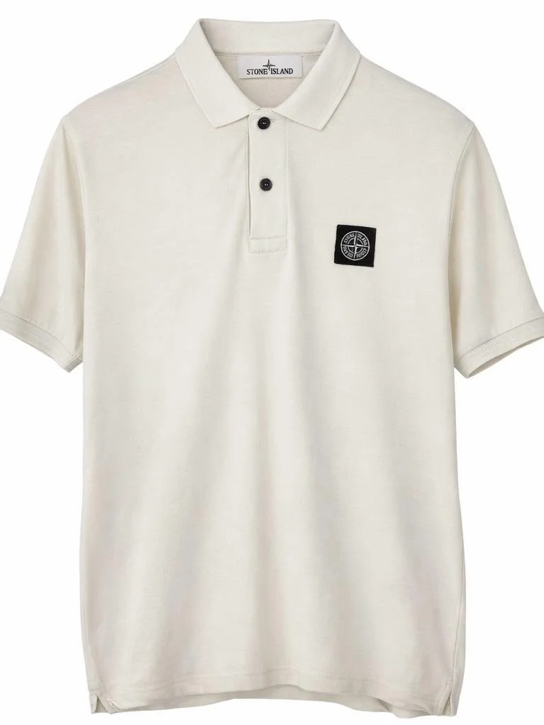 Stone Island cream polo shirt front view, short sleeve designer menswear