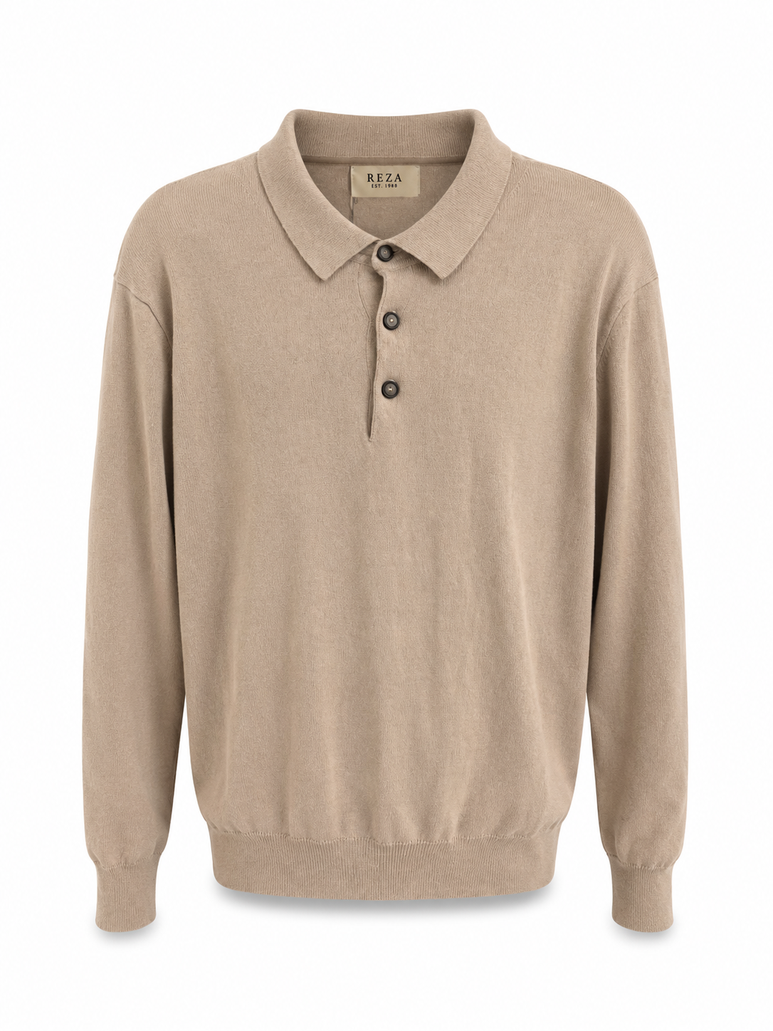 Men’s REZA beige cotton cashmere knit polo sweater styled in a smart casual outfit, combining comfort, quiet luxury and versatile everyday elegance.