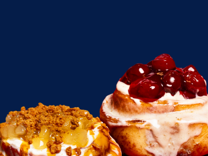 Cinnabon topped with apple crumble and Cherry