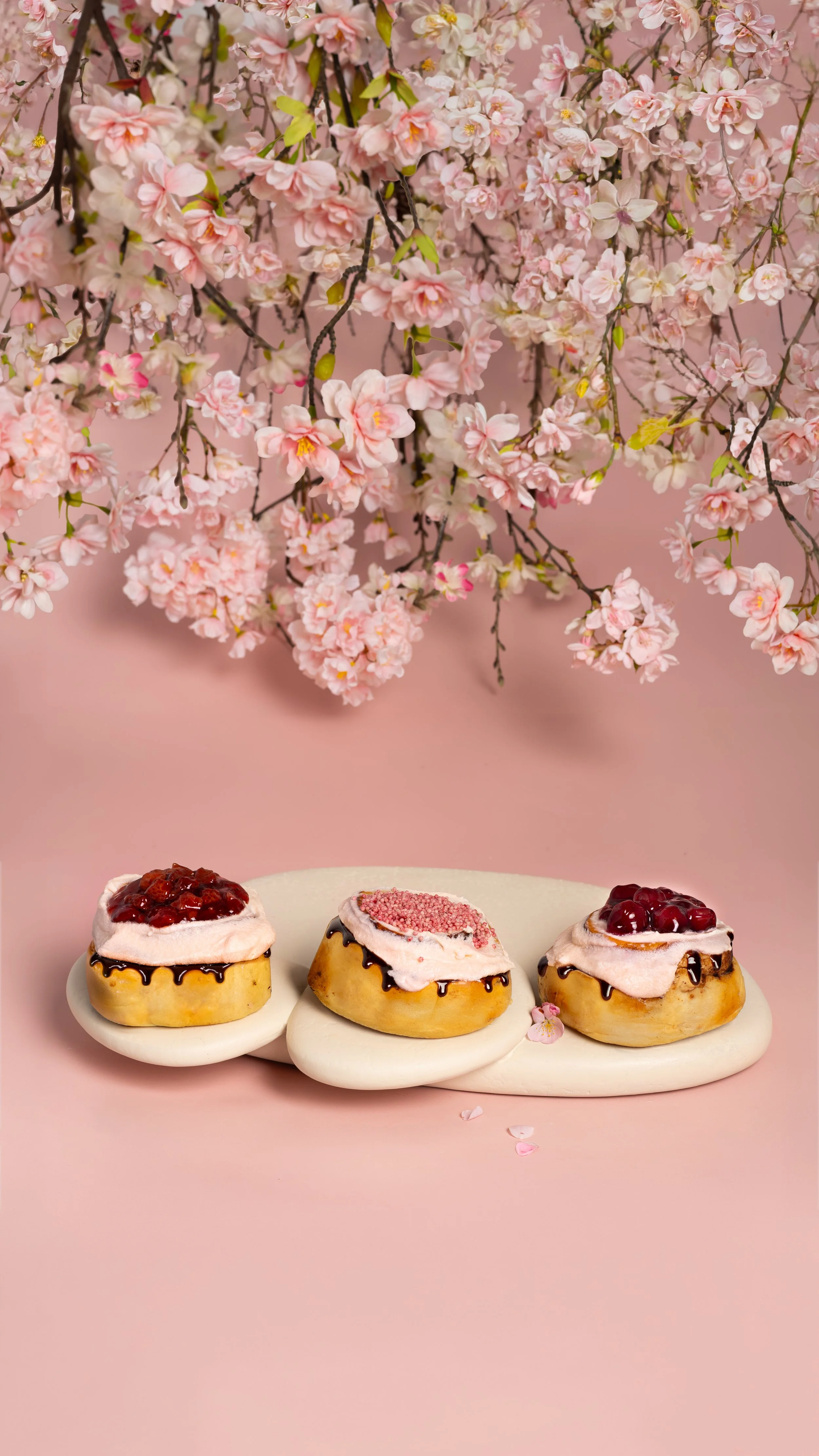 Classic and Mini ChocoBon cinnamon rolls topped with sakura cherry blossom frosting and red fruit toppings, styled under pink cherry blossom branches on a soft pastel background.