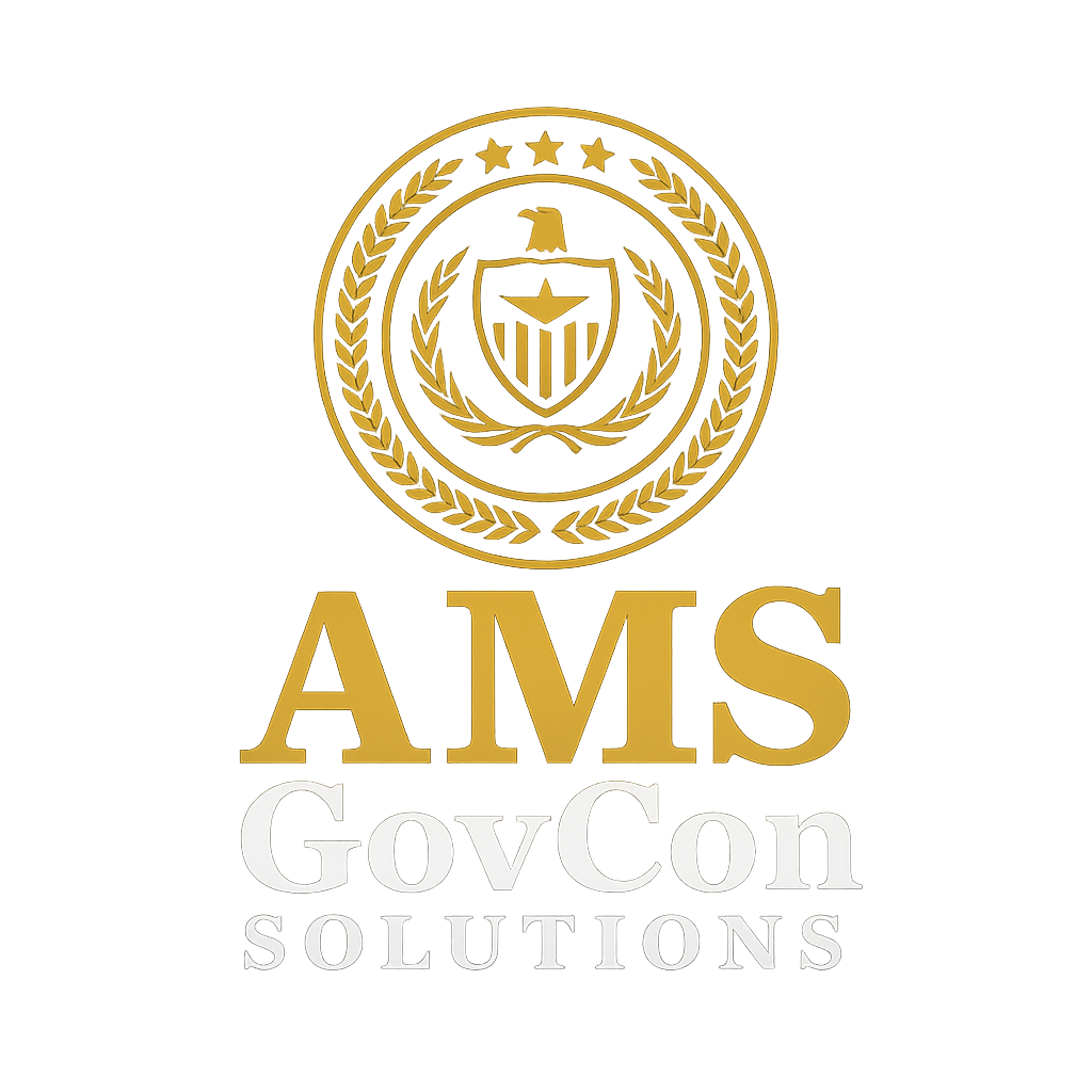 Logo with a gold coin and shield emblem at the top, the words 'AIMS GovCon SOLUTIONS' in gold, white, and gray text below.