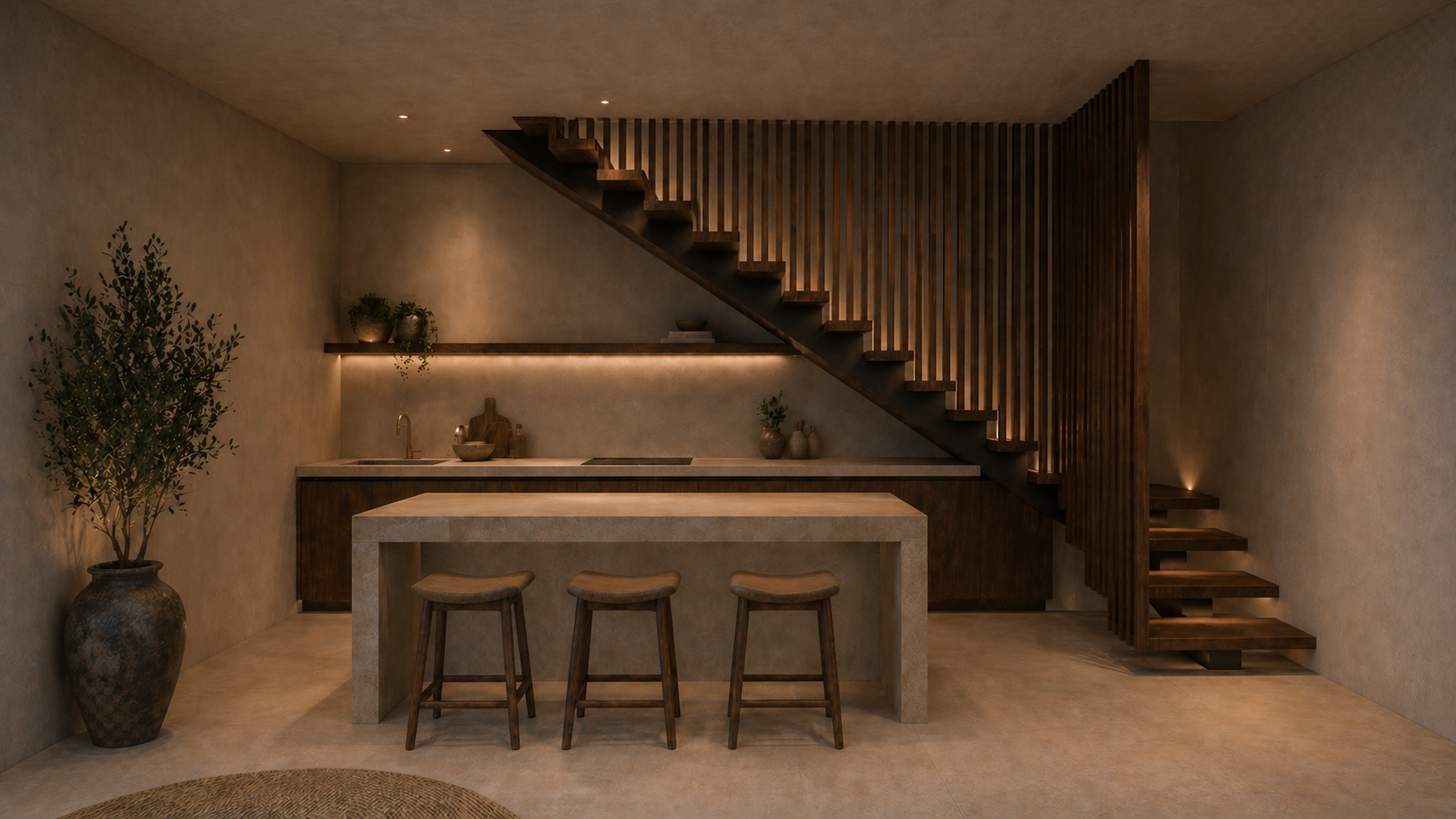 Minimalist kitchen with beige walls, wooden cabinets, a marble island with three stools, and a staircase with wooden slats.