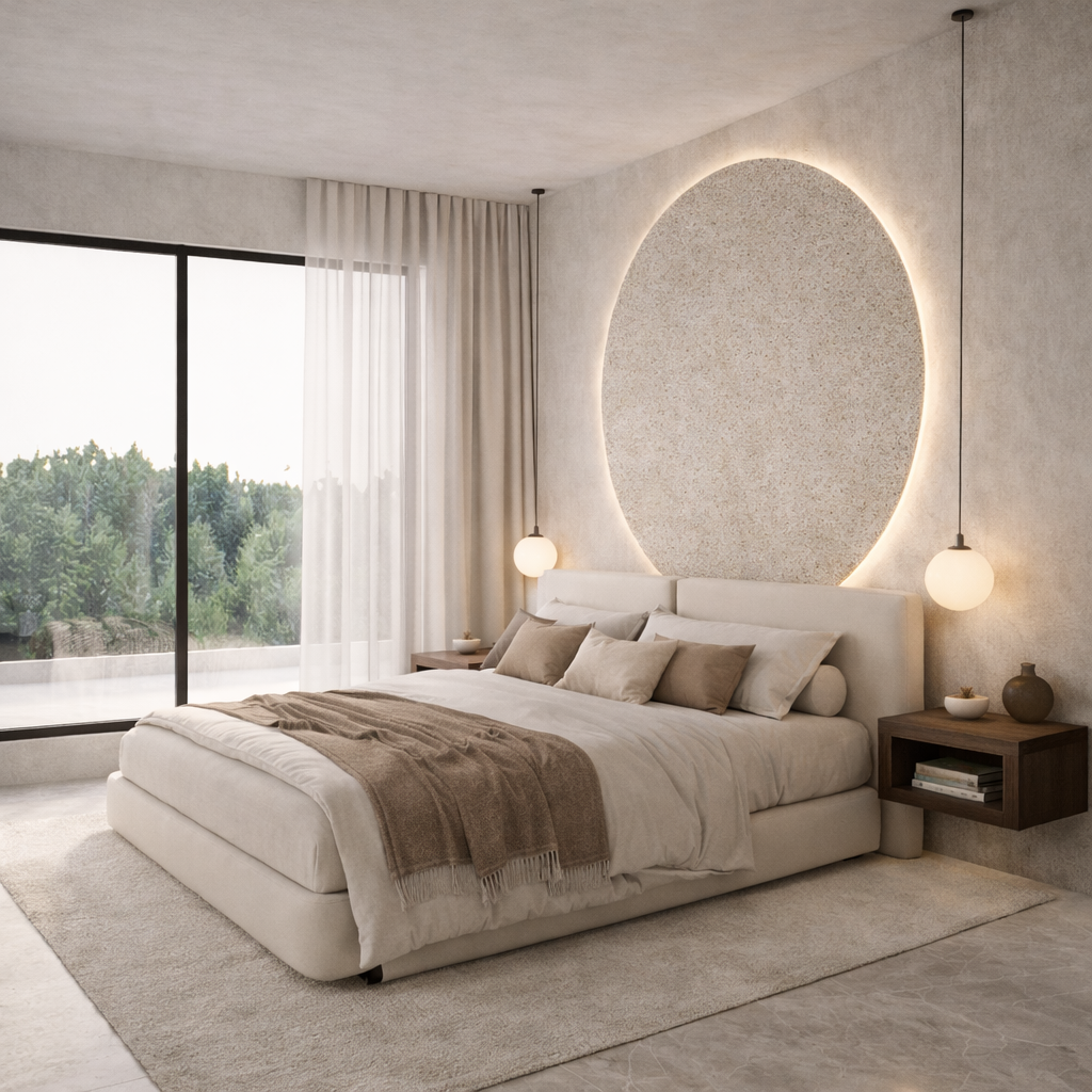 Modern bedroom with a large bed, beige bedding, and multiple pillows. Features minimalist side tables with decor, pendant lamps, a large circular wall feature with backlighting, a large window with sheer curtains, and a neutral color palette.