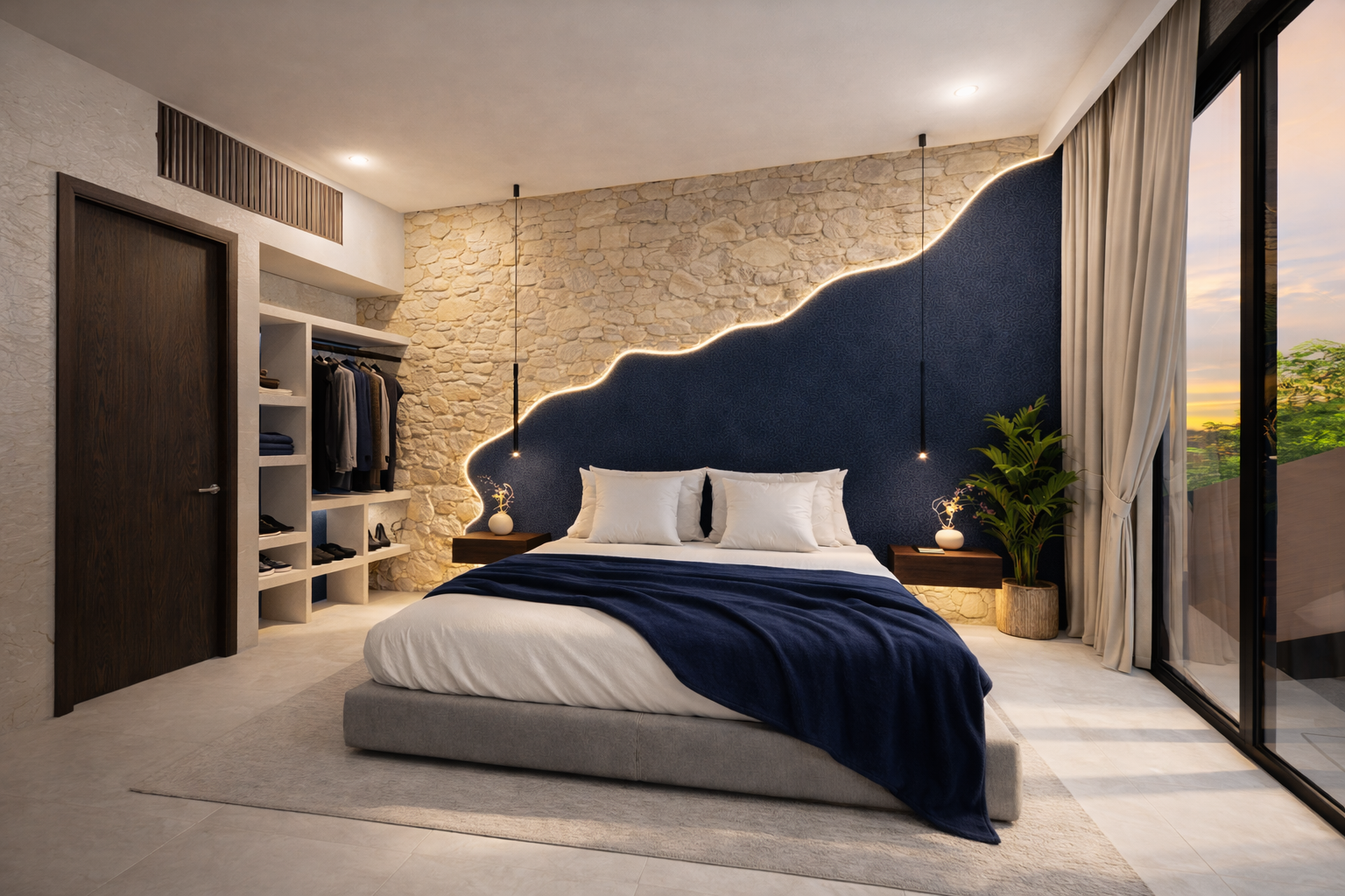 Modern bedroom with stone accent wall, navy blue headboard with wave design, hanging pendant lights, large window with curtains, potted plant, and open closet.