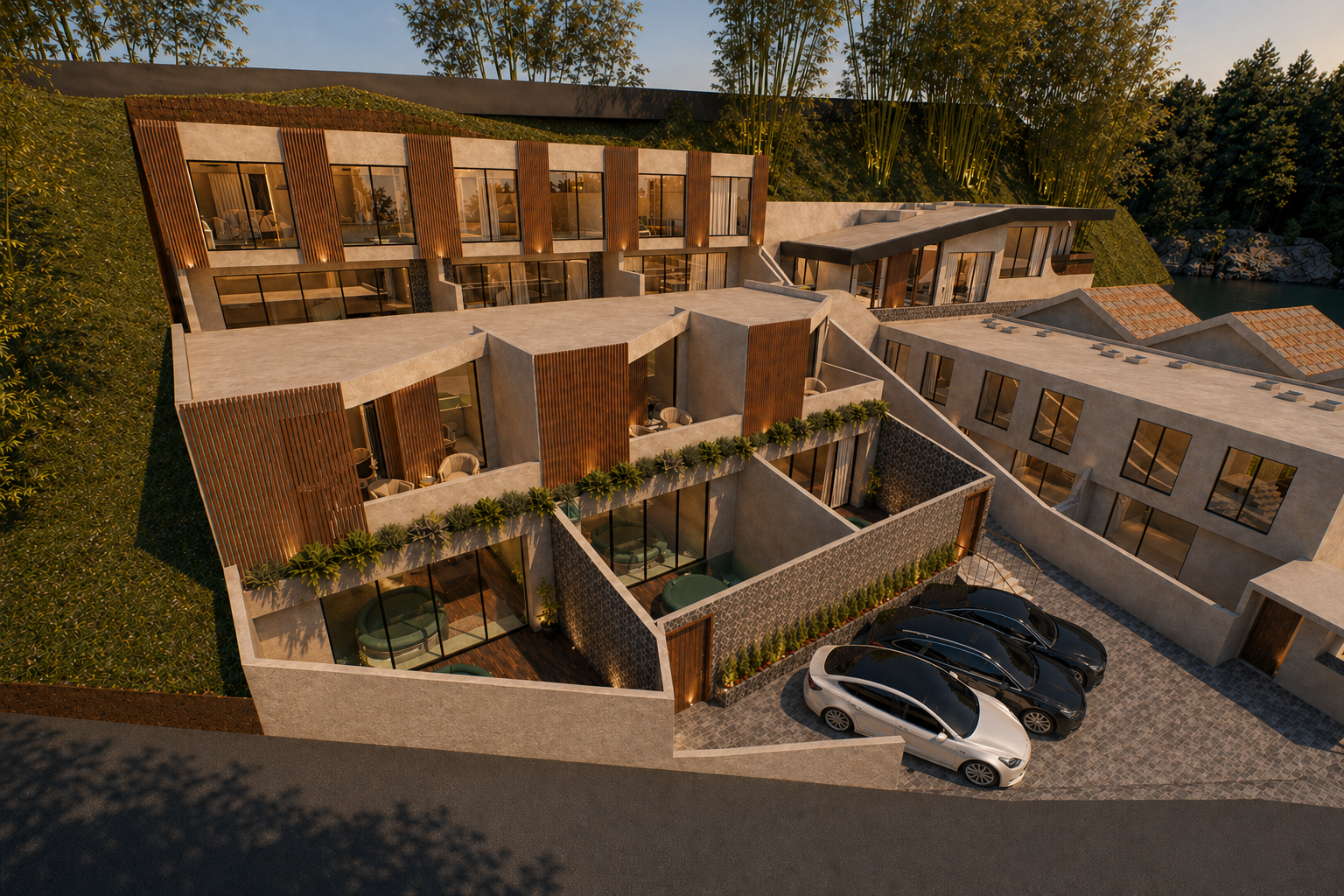 Modern multi-story villa complex with large glass windows, wooden and concrete exterior, balconies with greenery, and parked cars in front.