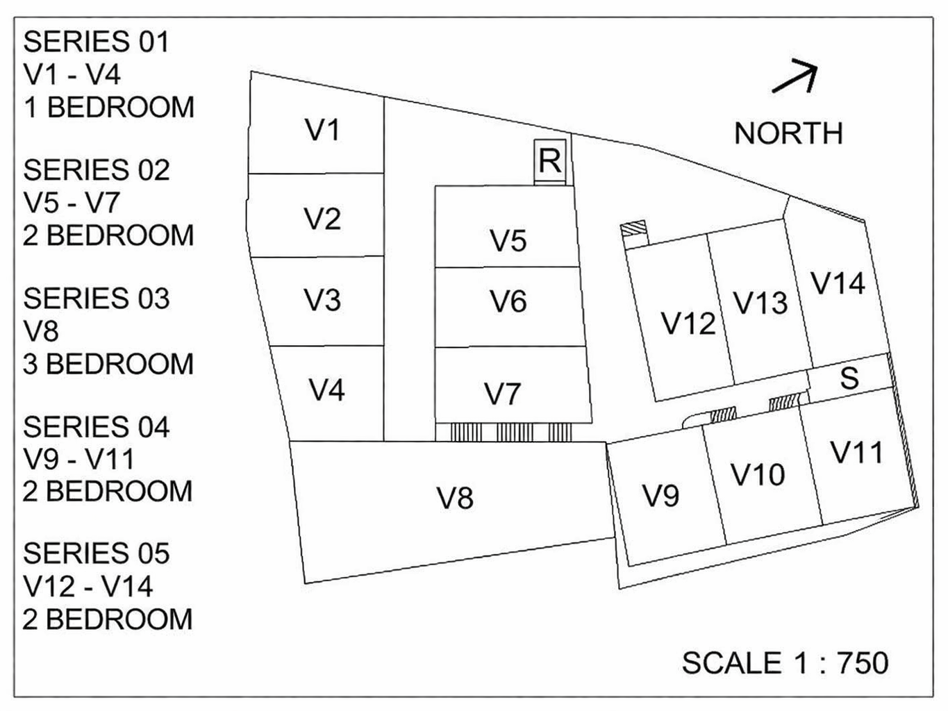 A site plan of a housing development with different series of houses labeled V1 to V14 and other structures, along with a legend describing house series and bedroom counts, a north arrow, and a scale of 1:750.