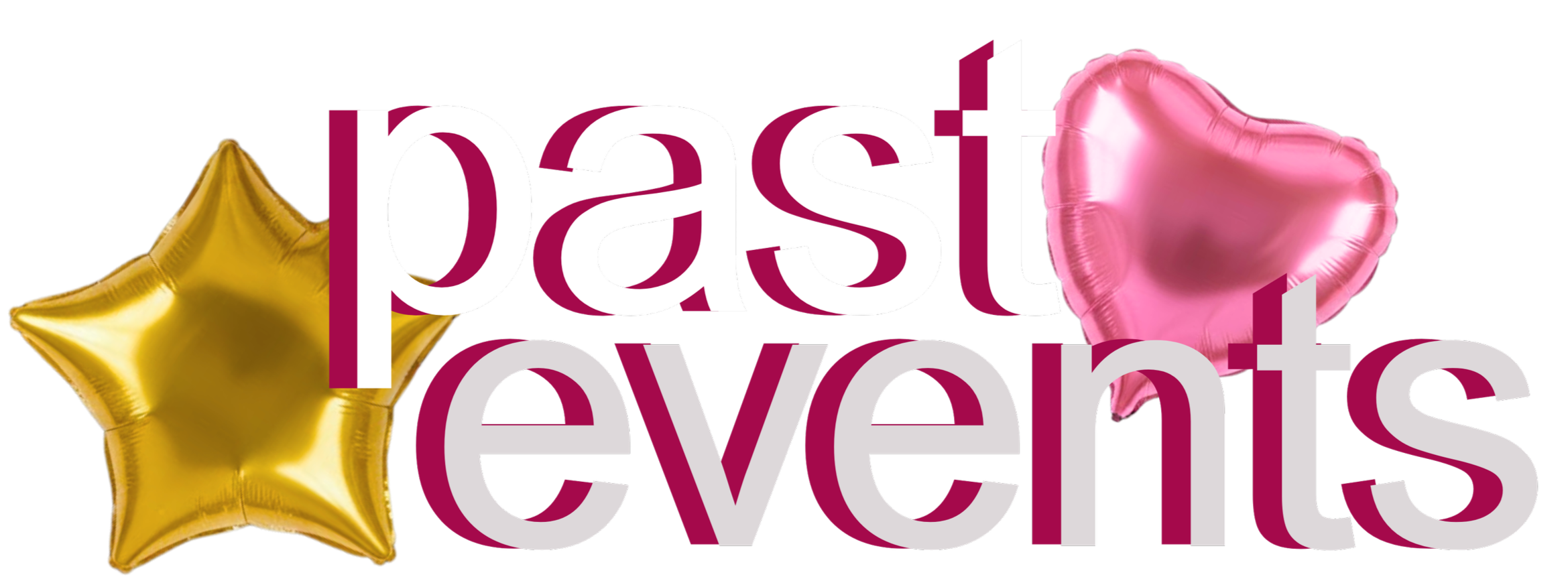 Colorful graphic with golden and pink hearts and the words 'past events' in large, overlapping white and pink letters.