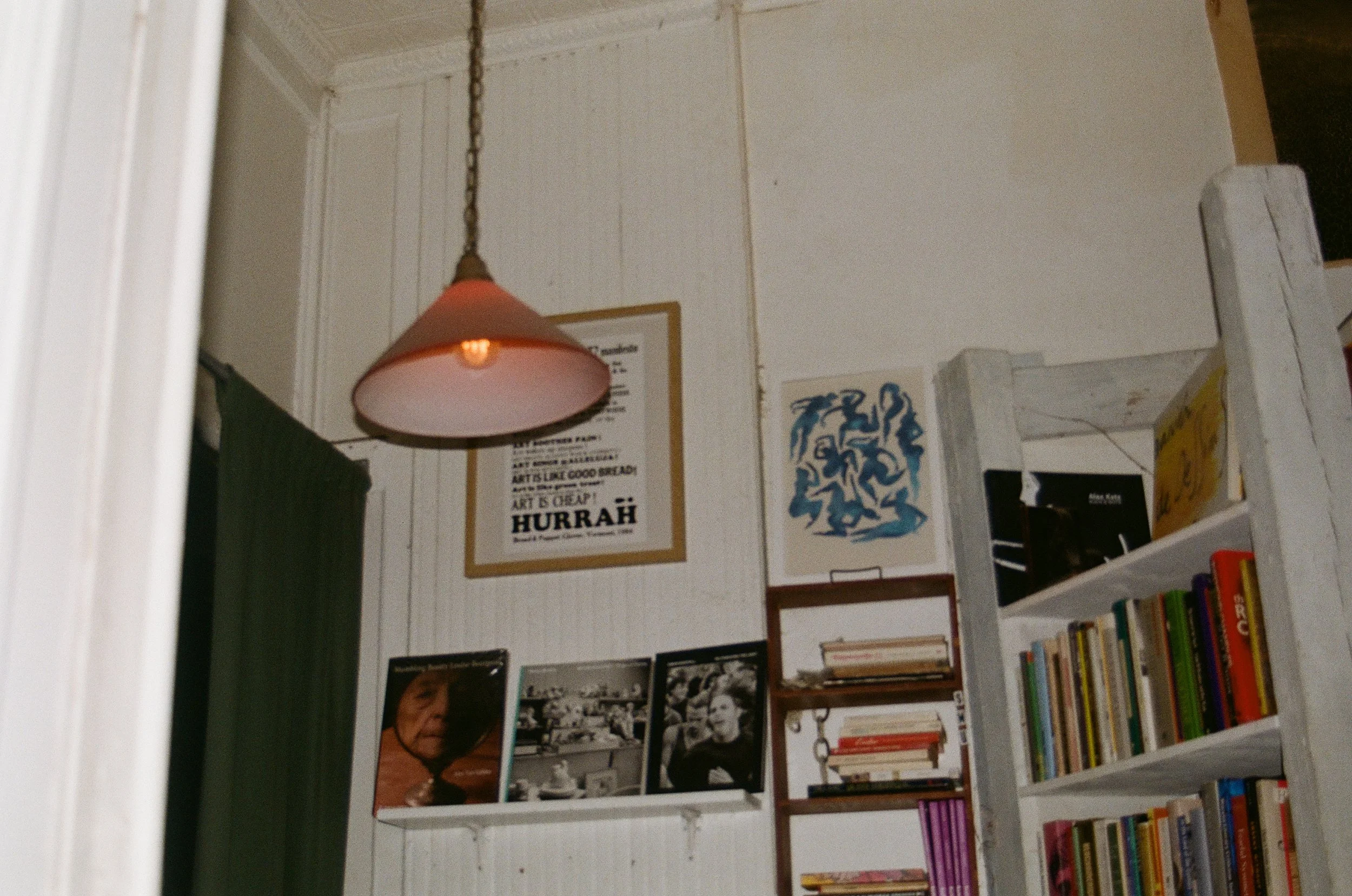 Apartment interior showing a white wooden bookshelf filled with books and magazines, a framed poster on the wall, black and white photographs on a shelf, a white wall with vertical paneling, and a hanging pink lampshade.