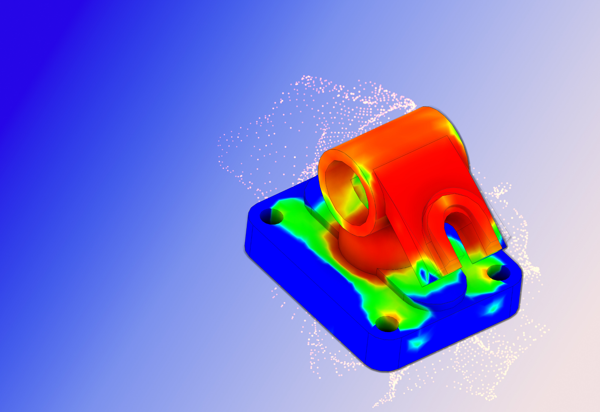 Computer-aided design (CAD) model of a mechanical part with color-coded stress analysis, showing high stress areas in red and lower stress zones in blue, against a background with a gradient from light to dark blue.