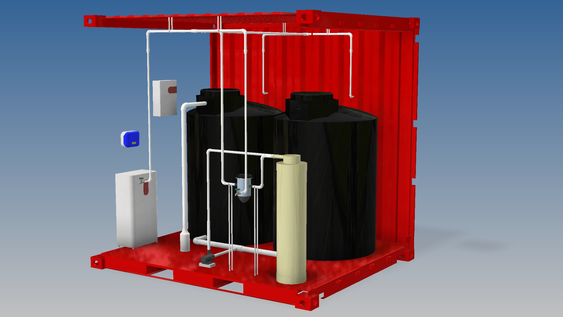 A water treatment system installed inside a shipping container with black tanks, pipes, and filtration components.