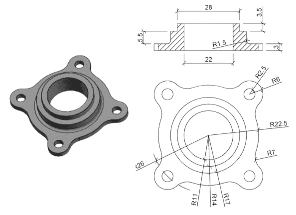 A mechanical part and a technical drawing of a component, showing dimensions and details.