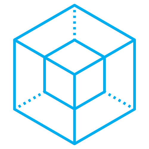 Isometric view of a blue wireframe cube inside a larger wireframe cube, depicting a 3D geometric illustration.