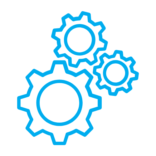 Three interconnected blue gear icons on a black background, representing machinery or technology.