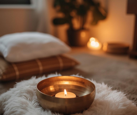A lit candle in a metallic bowl placed on a fluffy white rug in a cozy bedroom with pillows and soft lighting.