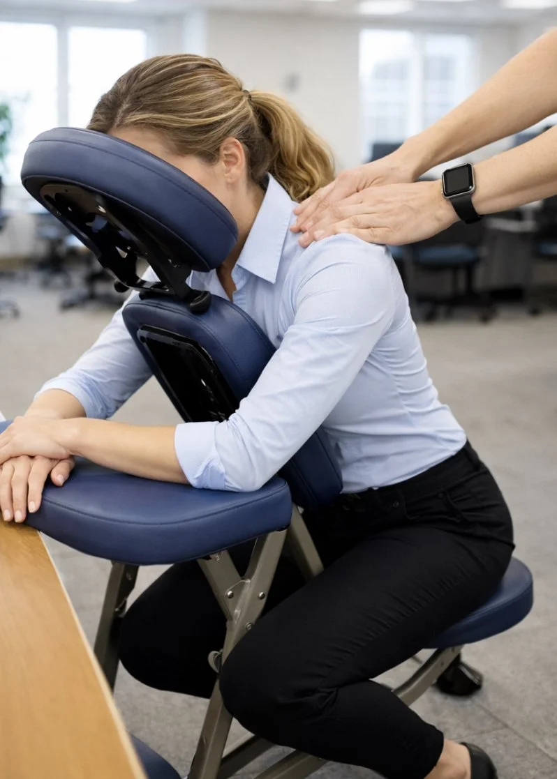 A woman receiving a massage at her desk, seated on a specialized massage chair with her face resting in a face cradle, while a person stands behind her giving a shoulder massage in an office setting.