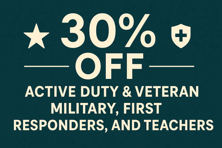 A promotional sign offering 30% off for active duty and veteran military personnel, first responders, and teachers.