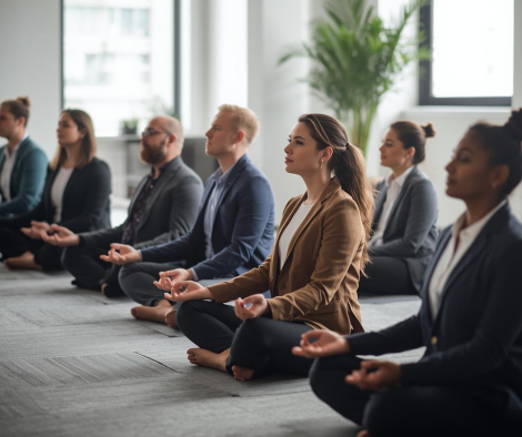 Group of diverse professionals sitting cross-legged in a meditation session at work.