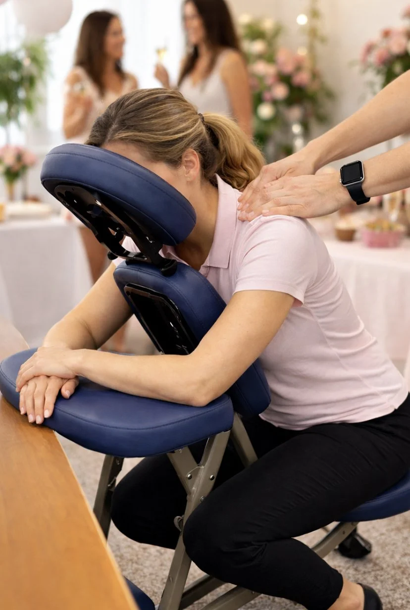 A woman receiving a chair massage at a social gathering, with two women chatting in the background and floral decorations visible.