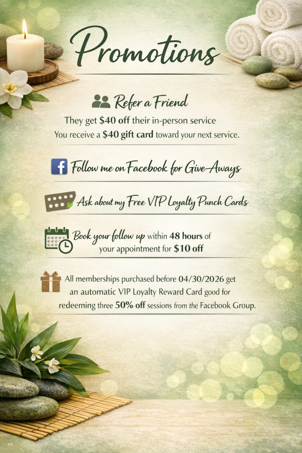 Spa-themed promotional flyer with candles, towels, and stones, offering refer-a-friend discounts, social media follow, loyalty punch cards, appointment booking, and VIP membership benefits.