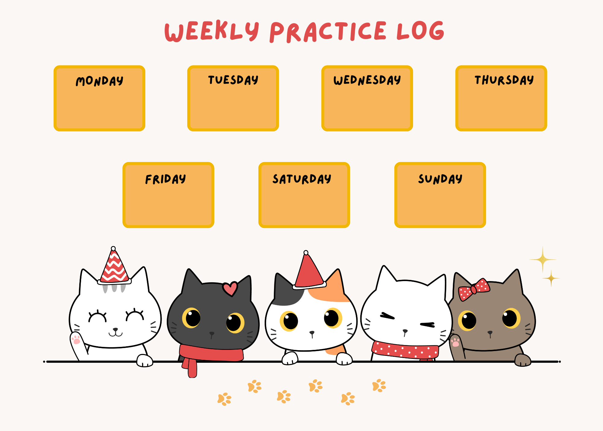 Digital cat themed weekly and monthly practice chart