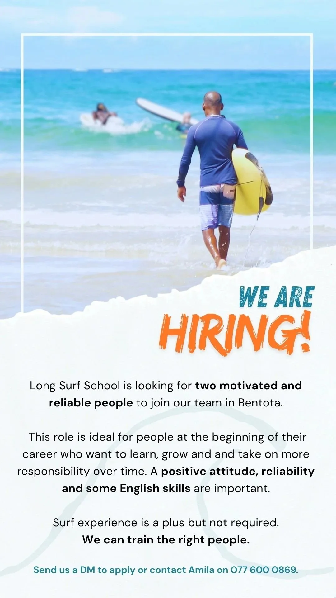 A man carrying a yellow surfboard walking towards the ocean with people surfing in the background, advertising a hiring event for Long Surf School.