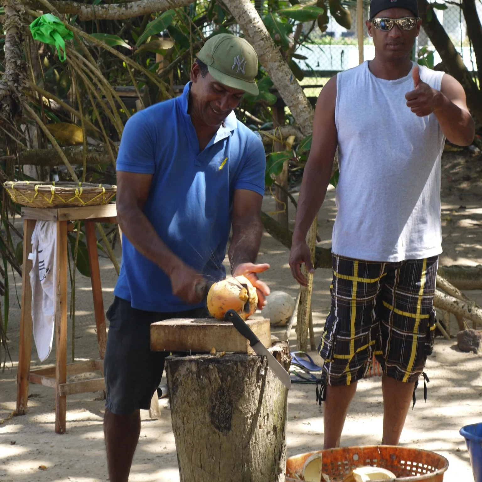Two men are outdoors, one peeling a coconut over a tree stump while the other watches and gestures with a thumbs-up. The man peeling is wearing a blue shirt and a khaki baseball cap, and the other man is wearing a sleeveless gray shirt, sunglasses, and patterned shorts. There are trees and fencing in the background.