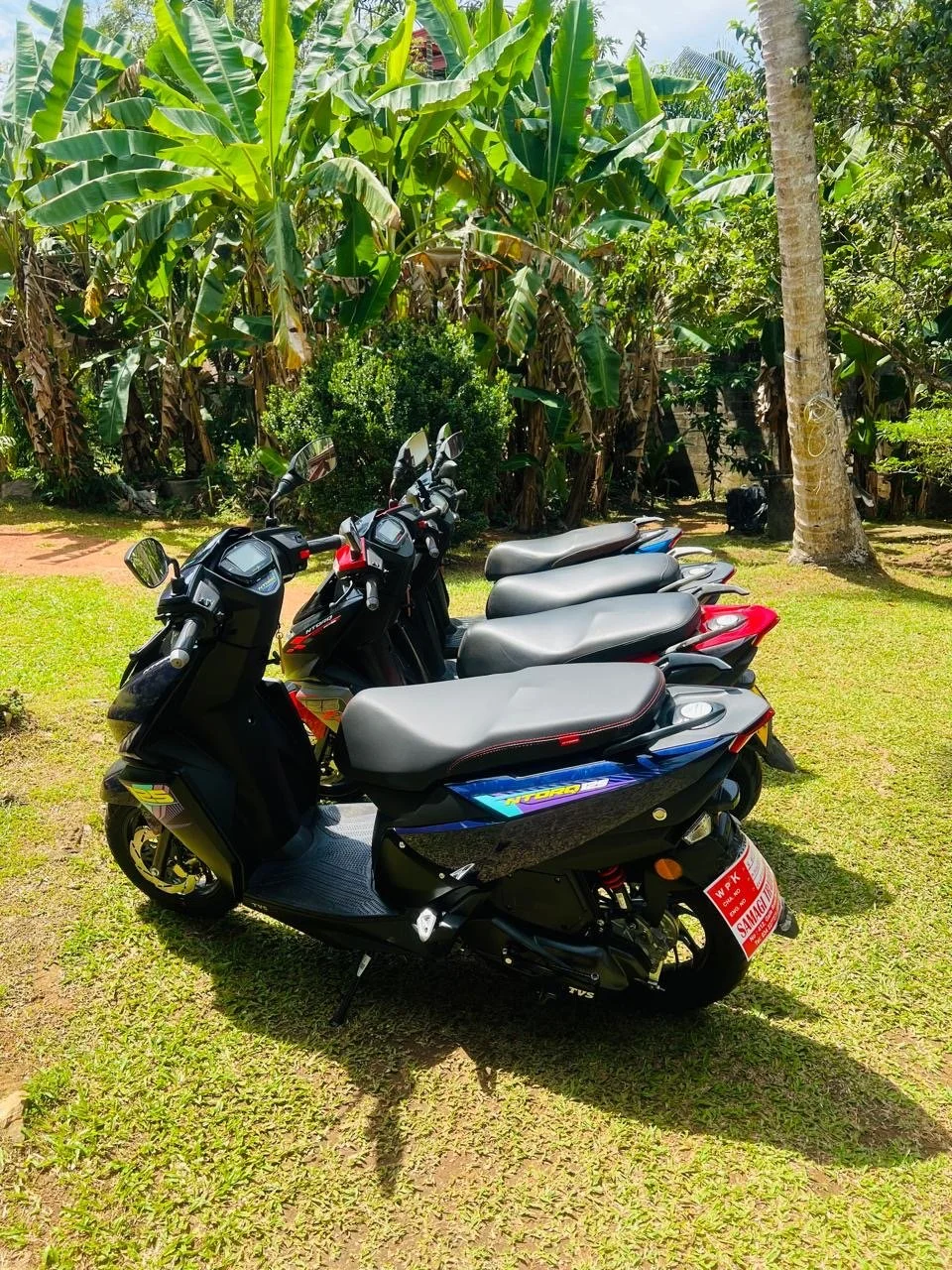 Four scooters parked on grass with banana trees and a palm tree in the background.