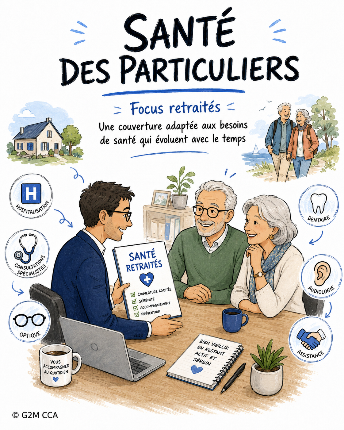 Affiche illustrée sur la santé des personnes retraitées, montrant un médecin discutant avec un couple de retraités, entouré de symboles de services médicaux et de loisirs, avec des images de nature et une maison en arrière-plan.