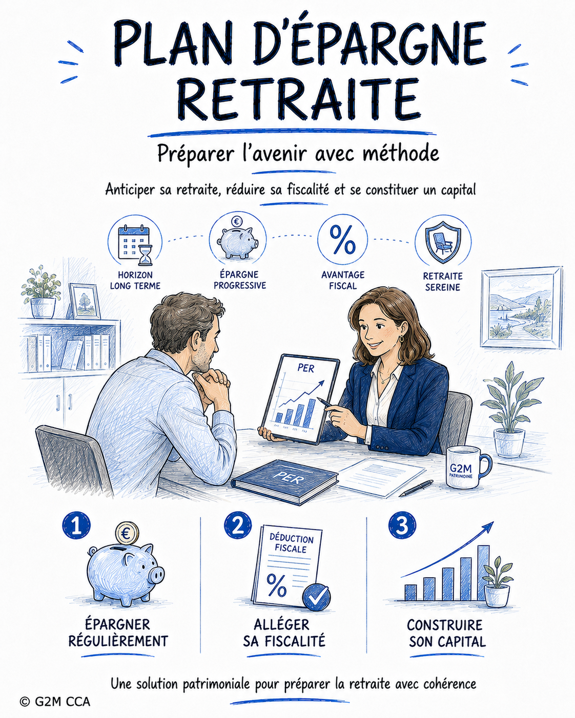Infographie sur la planification d'épargne retraite avec les étapes : épargner régulièrement, alléger sa fiscalité, construire son capital, illustrée par une femme montrant un graphique de croissance à un homme en discussion dans un bureau.