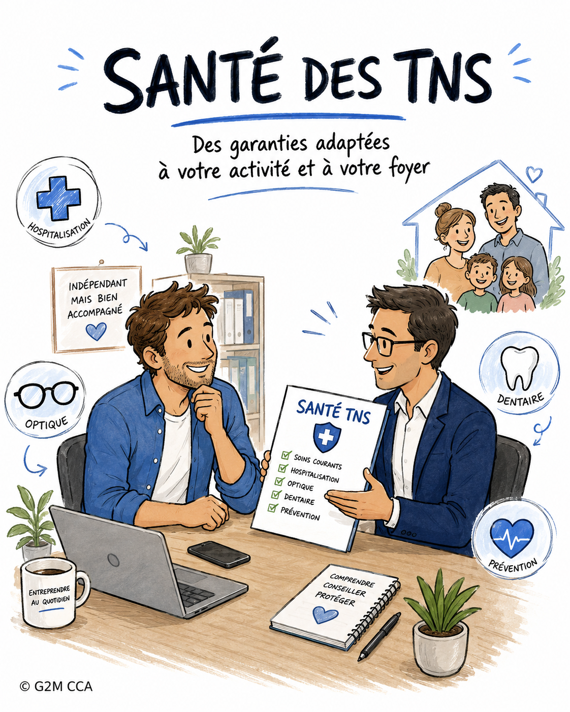 Illustration d'une consultation médicale sur la santé des TNS (Travailleurs Non Salariés) avec deux hommes discutant, une liste de services, une famille, et plusieurs icônes médicales autour.