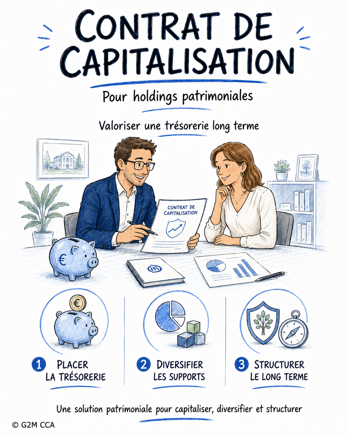 Illustration montrant deux personnes discutant autour d'une stratégie de capitalisation avec un contrat de capitalisation, un cochon tirelire et des graphiques financiers. Titre: "Contrat de Capitalisation" pour les holdings patrimoniales et valoriser une trésorerie longue terme. Trois étapes clés : 1. Placer la trésorerie, 2. Diversifier les supports, 3. Structurer le long terme.