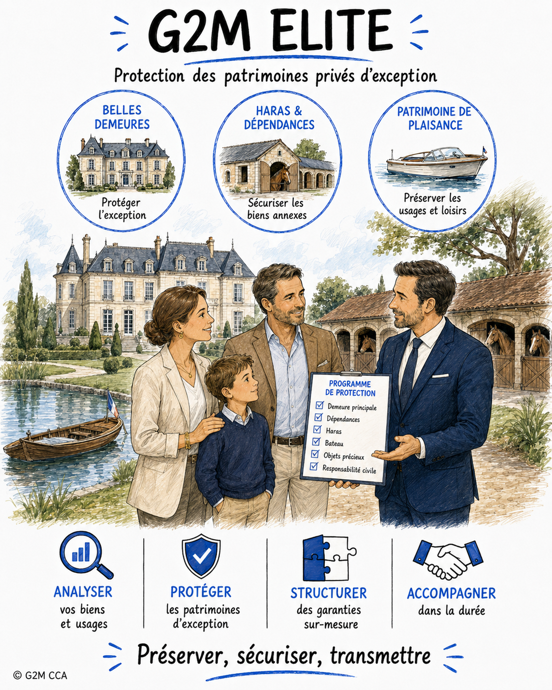 Illustration d'un programme de protection des biens immobiliers, montrant un groupe de personnes discutant devant une résidence de style classique. L'image met en avant des éléments tels que la protection des demeures de luxe, des dépendances, des Haras, et des bateaux, avec un focus sur l'analyse, la protection, la structuration, et l'accompagnement des patrimoines.