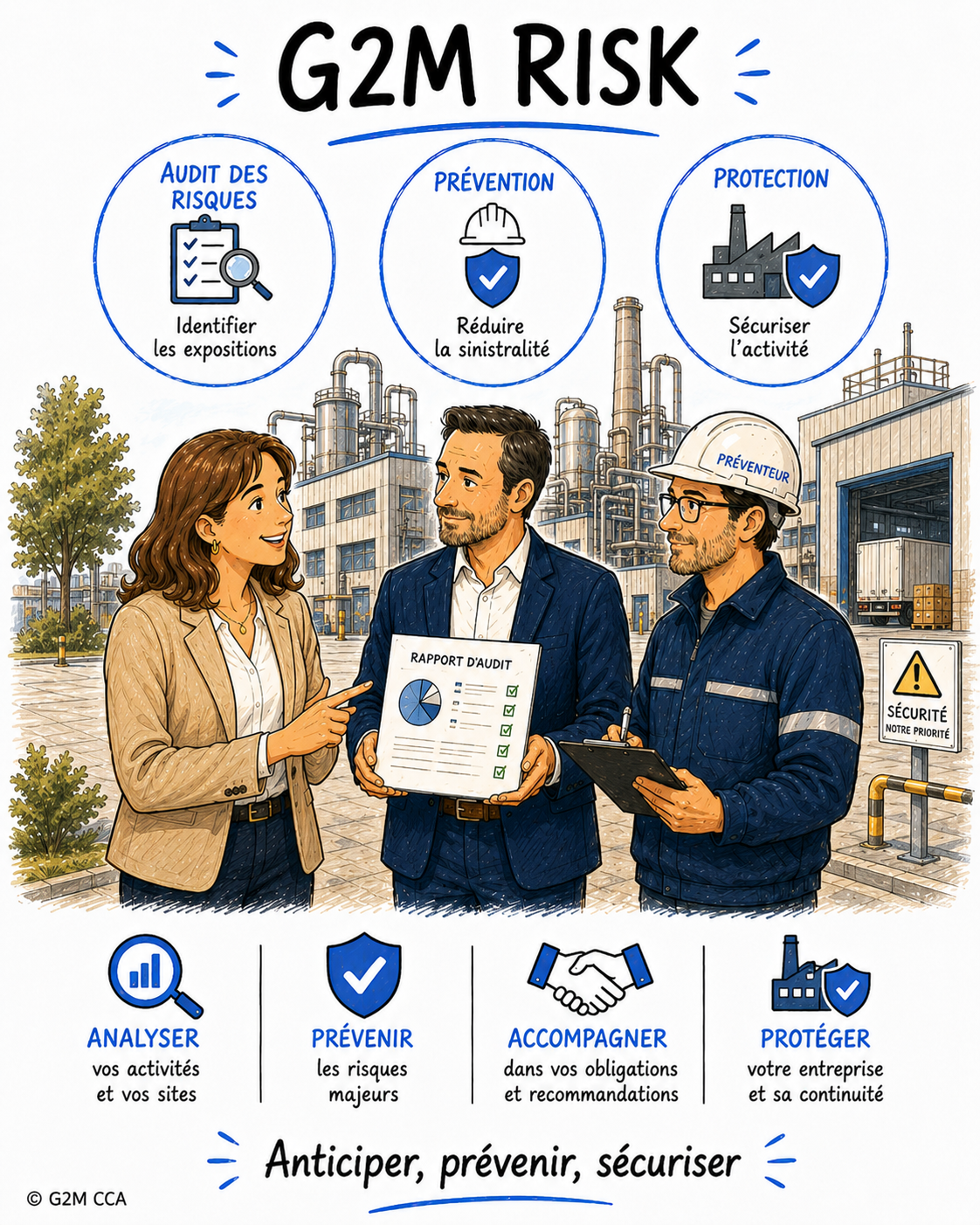 Illustration d'une industrie avec trois personnes discutant, une d'elles portant un casque de sécurité avec le mot 'PRÉVENTEUR'. Le graphique montre des concepts de gestion des risques : audit, prévention, protection, avec des icônes associées. Bottom entête : 'G2M RISK' avec sous-titres expliquant l'analyse, la prévention, l'accompagnement et la protection des activités industrielles.