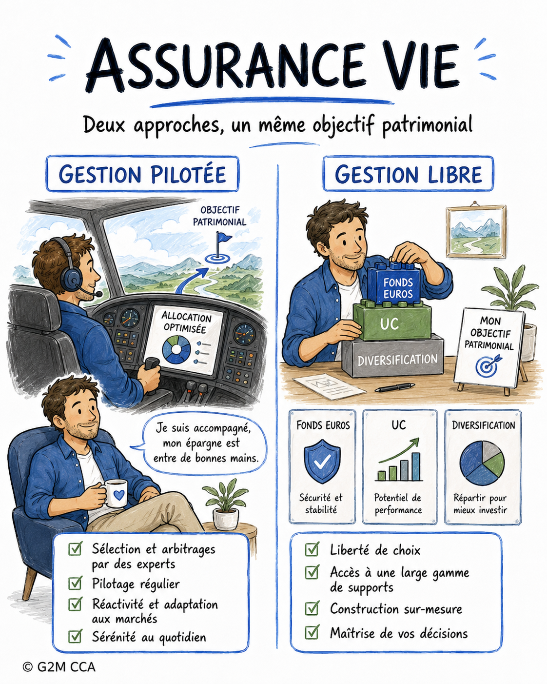 Une infographie illustrant deux approches de gestion de patrimoine: gestion pilotée, représentant un pilote dans un cockpit avec un copilote, et gestion libre, montrant un homme à un bureau avec des piles de fonds euros, UC et diversification. La gestion pilotée offre une allocation optimisée et un accompagnement par des experts; la gestion libre offre liberté de choix, accès à diverses supports, construction sur-mesure et maîtrise des décisions.