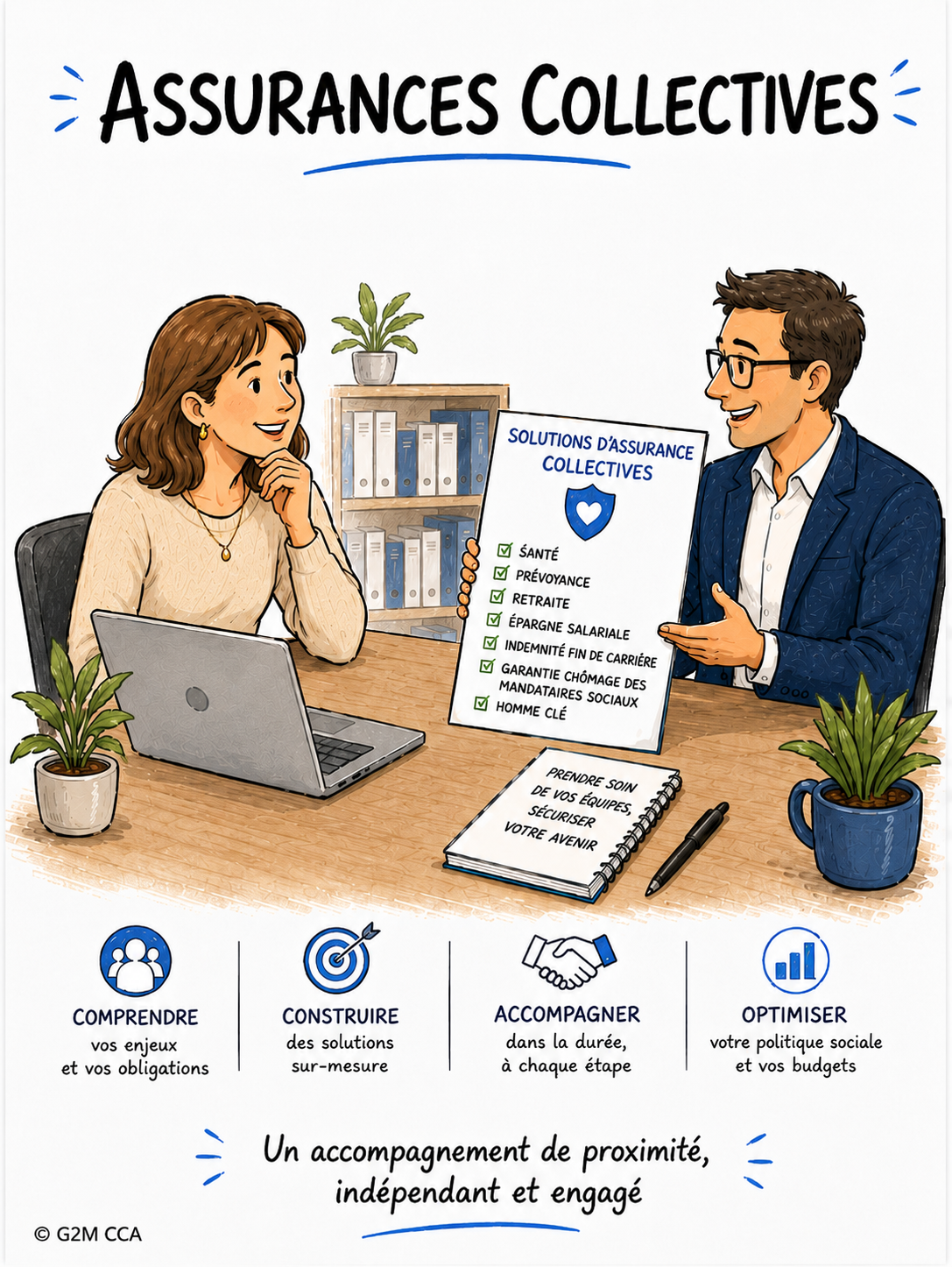 Illustration d'une rencontre entre deux personnes discutant d'une offre d'assurance collective, avec un tableau listant les garanties et une fiche avec des conseils pour la gestion sociale.