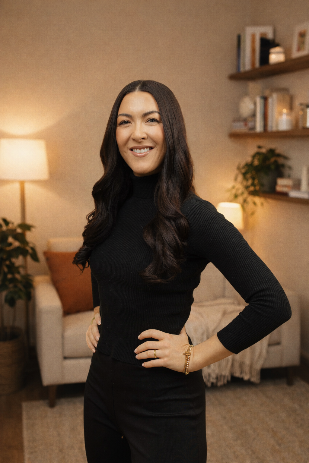 Portrait of a woman with long dark hair, smiling, wearing a black turtleneck against a plain white background.