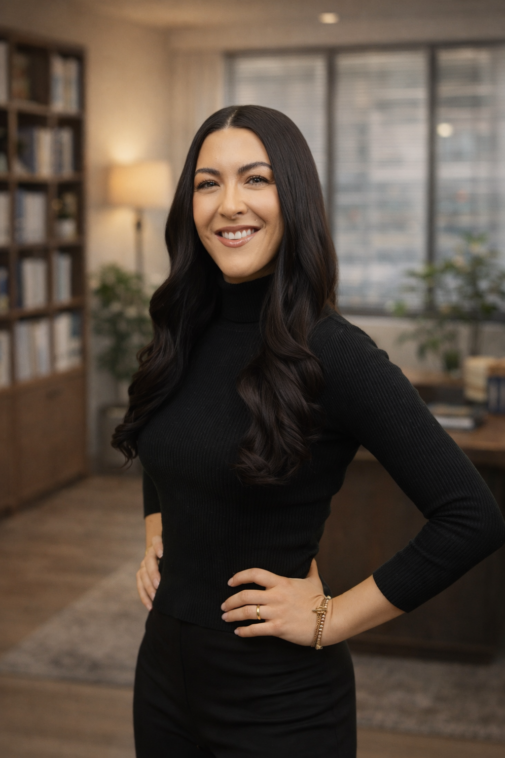 Portrait of a woman with long dark hair, smiling, wearing a black turtleneck against a plain white background.