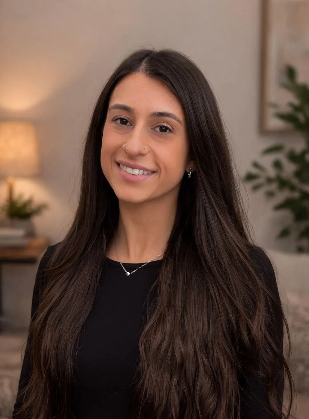 A smiling young woman with long dark hair wearing a black top and jewelry outdoors during autumn, with trees and fallen leaves in the background.