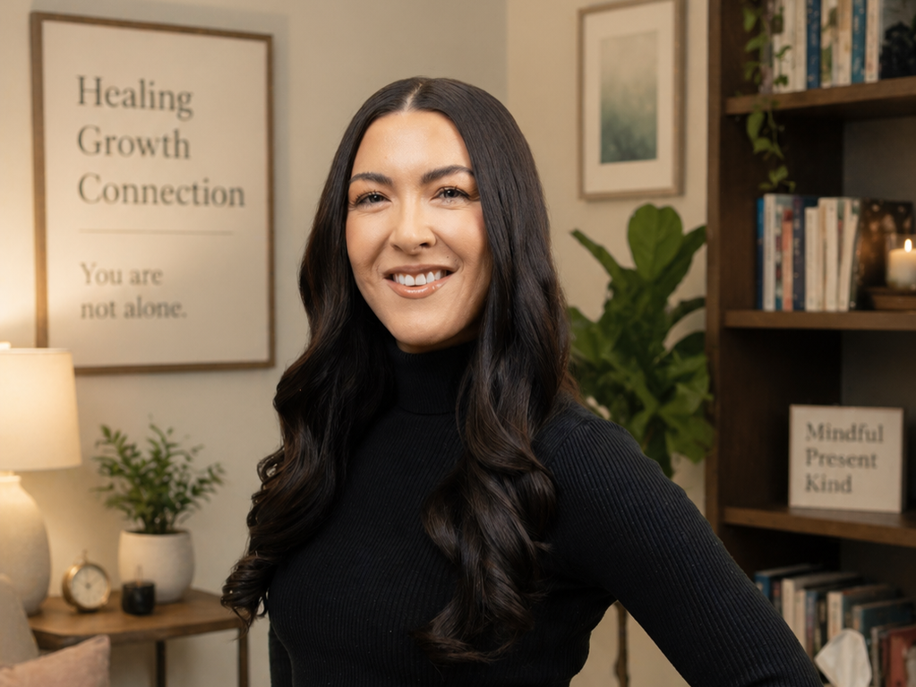 Portrait of a woman with long dark hair, smiling, wearing a black turtleneck against a plain white background.