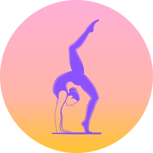 Illustration of a person performing a backbend yoga pose, with a gradient pink to orange background.