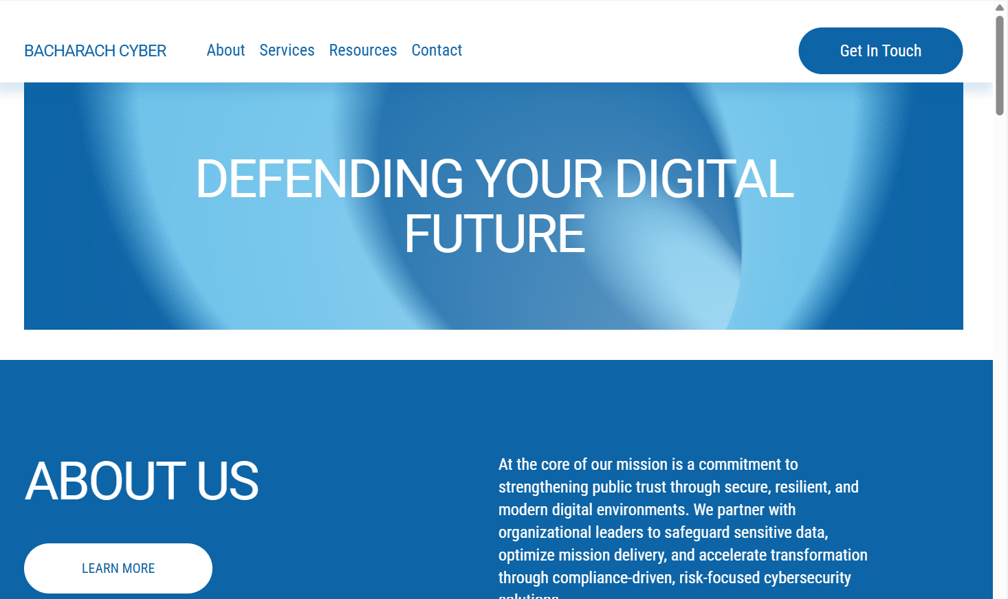 Screenshot of a website homepage with a blue color scheme. The top navigation bar includes links to About, Services, Resources, Contact, and a blue Get In Touch button. The main headline states "DEFENDING YOUR DIGITAL FUTURE". Below, there is a secti