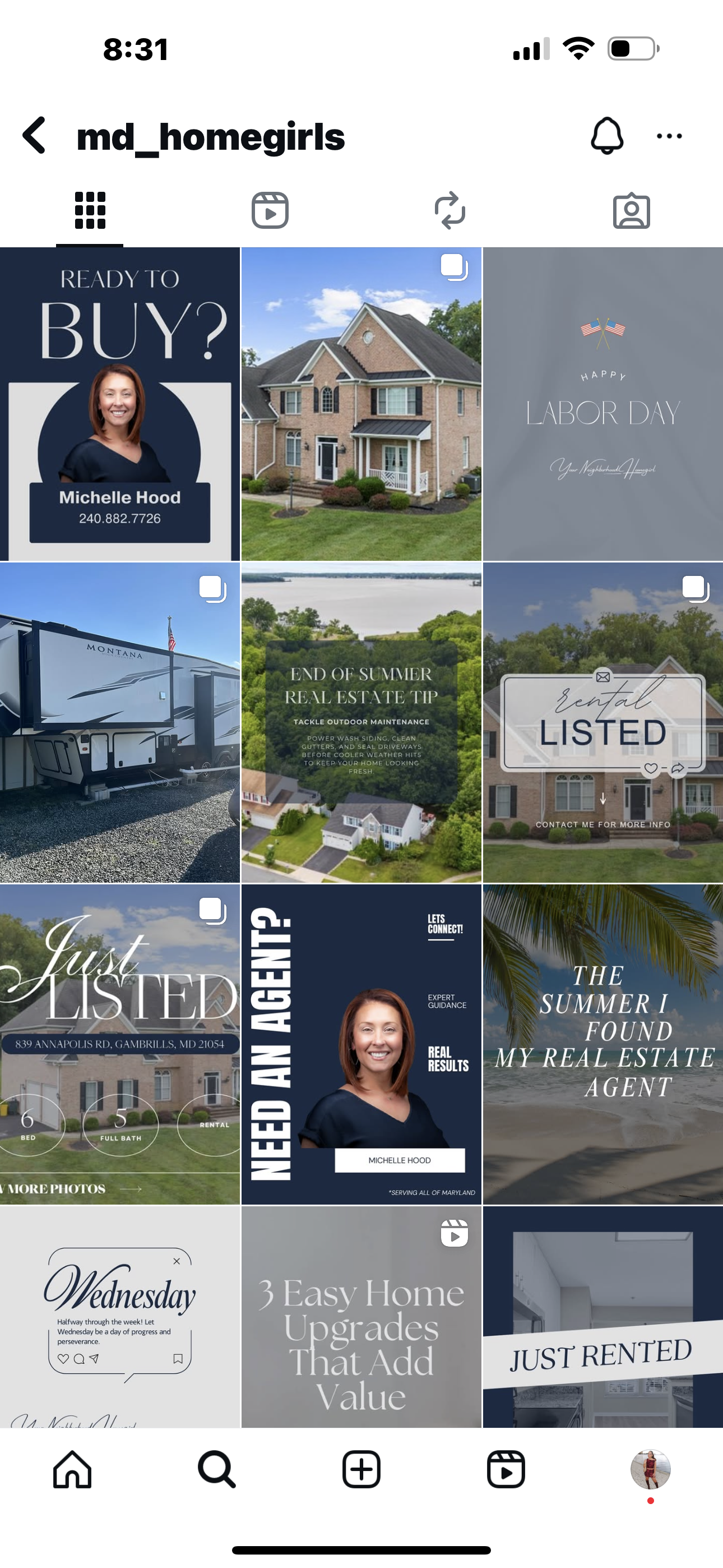 Instagram profile page for md_homegirls showing real estate and home-related content, including images of houses, a camper trailer, text about summer real estate tips, listings, and a realtor named Michelle Hood.