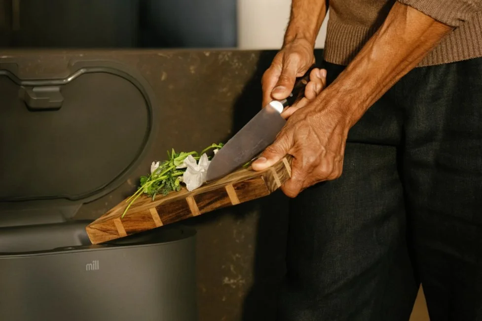Hand Model Male - Dylan Jawahir Closeup of Scraping Food Into Trash Bin From Cutting Board