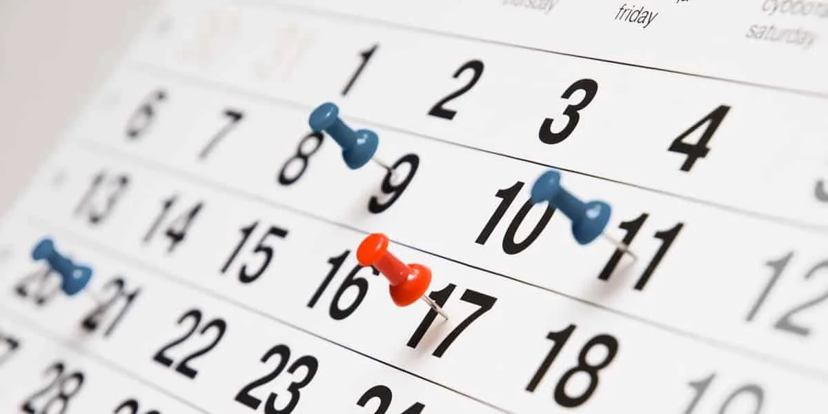 Close-up of a calendar with three push pins marking specific dates in February.