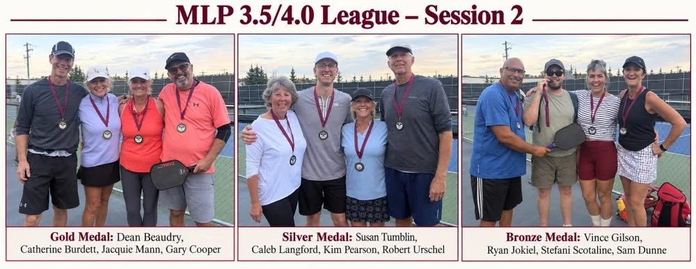 Group of people on a tennis court wearing medals, divided into three groups: gold, silver, and bronze, with names listed under each group.