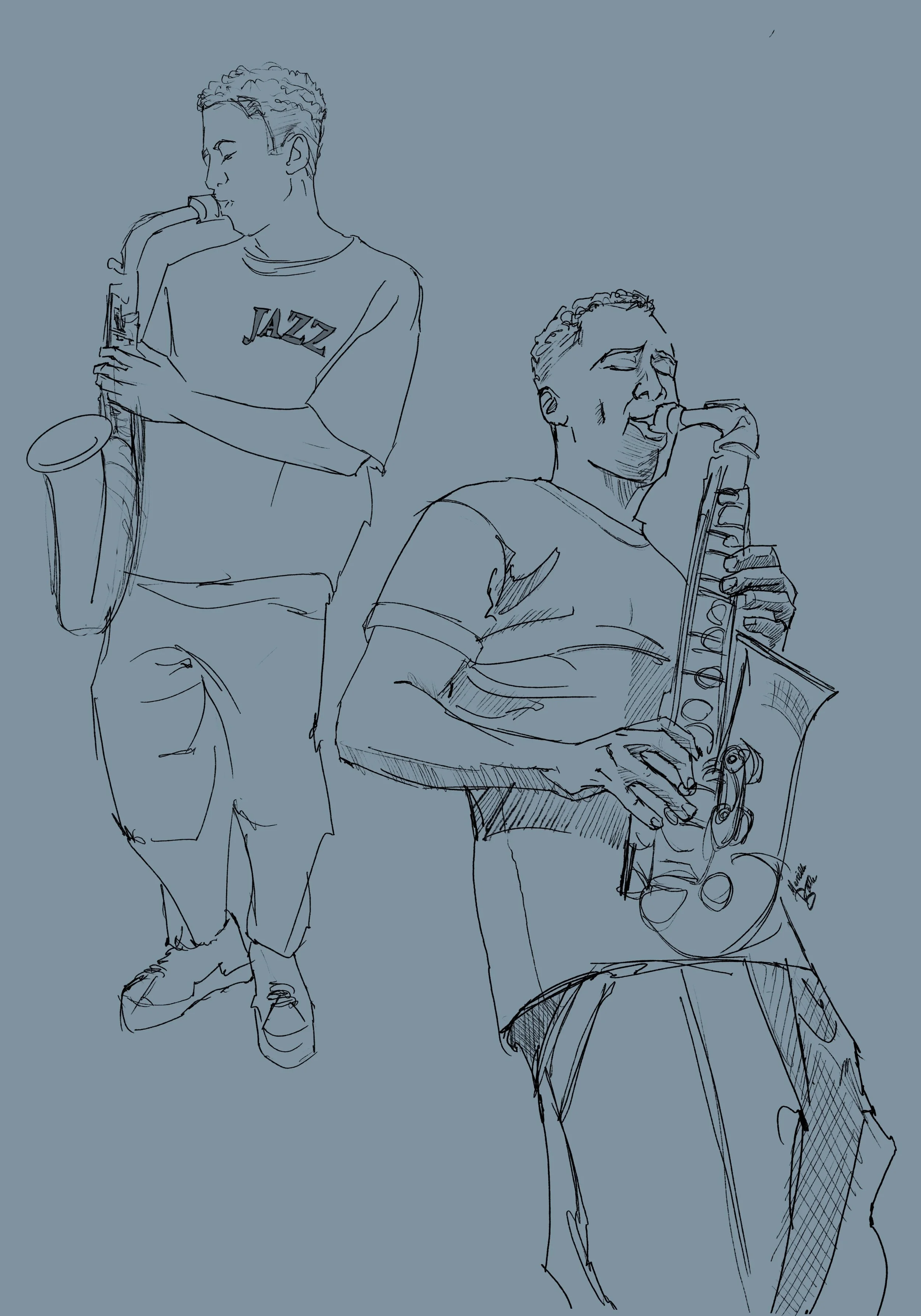 Braxton Cook & Band – Sketch Series
Returning to the pen-line sketch style that Braxton especially admired, I created a special series featuring his entire band. The simplicity and immediacy of the line work reflected both his personality and the ene