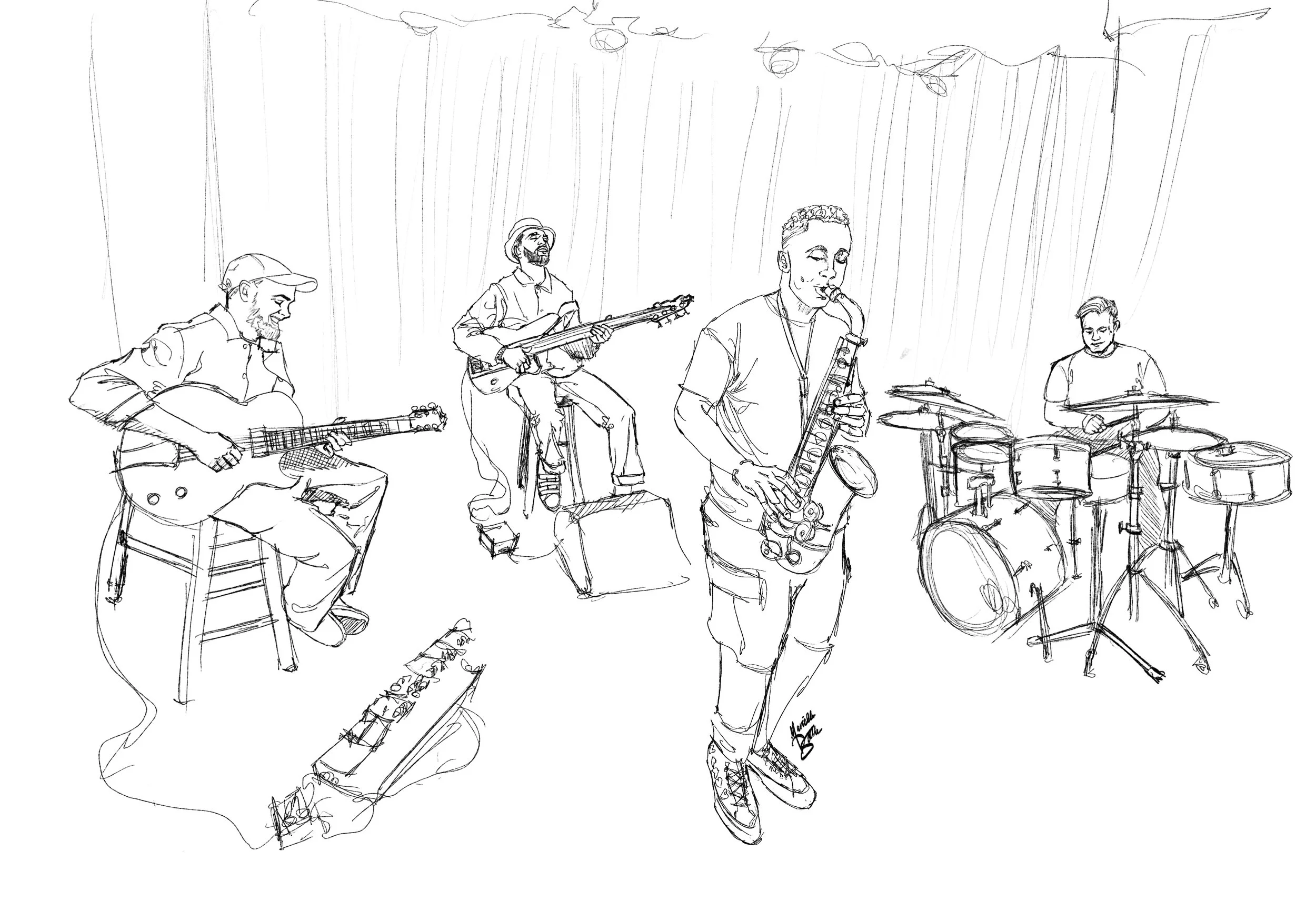 Braxton Cook & Band – Sketch Series
Returning to the pen-line sketch style that Braxton especially admired, I created a special series featuring his entire band. The simplicity and immediacy of the line work reflected both his personality and the ene